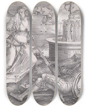 Triptych art skateboard deck of Lucas Van Leyden Pyramus And Thisbe by Lucas Van Leyden (1494-1533)