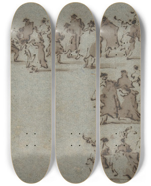 Triptych art skateboard deck of Francesco Guardi Studies Of Walking Figures by Francesco Guardi (1712-1793)