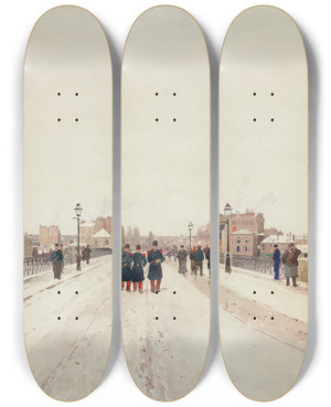 Triptych art skateboard deck of Luigi Loir Figures On A Bridge In The Snow by Loir Luigi (1845-1916)
