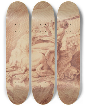 Triptych art skateboard deck of Edm Bouchardon Hercules Subduing The Centaurs by Edme Bouchardon (1698-1762)