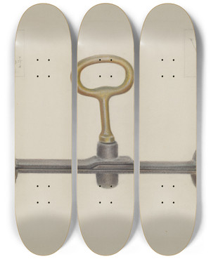 Triptych art skateboard deck of Cornelius Frazier Handcuffs With One Key by Cornelius Frazier