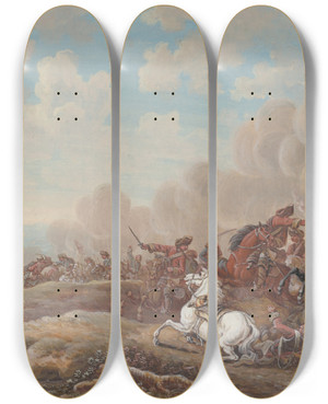 Triptych art skateboard deck of Louisnicolas Van Blarenberghe Cavalry Battle By A River by Louis Nicolas Van Blarenberghe (1716-1812)