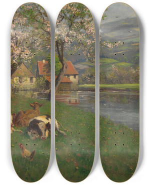 Triptych art skateboard deck of Adolf Lins Sommertag Am See by Adolf Lins (1856-1927)