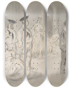 Triptych art skateboard deck of Constantin Guys Sailors And Women by Constantin Guys (1805-1892)