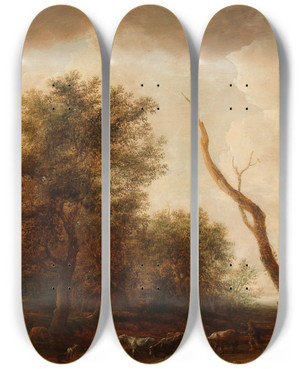 Triptych art skateboard deck of Dirck Dalens A Wooded Landscape With A Shepherd And His Flock by Dirck Dalens (1600-1676)