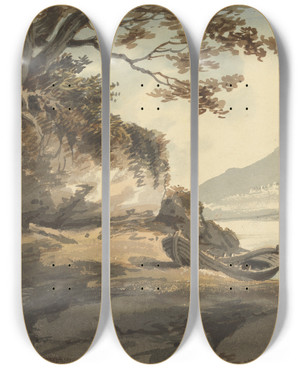 Triptych art skateboard deck of Joseph Barber Boat By A Lake by Joseph Barber (1757-1811)