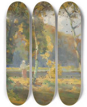 Triptych art skateboard deck of Udovt Ordk Summer Landscape With Birches by udovt ordk (1865-1937)