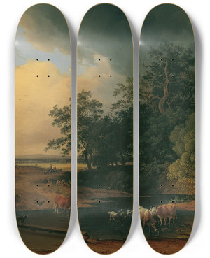 Triptych art skateboard deck of Josef Feid Aulandschaft Bei Abendstimmung by Josef Feid (1806-1870)