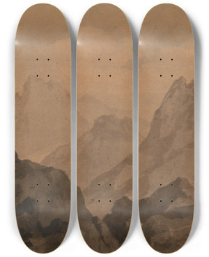 Triptych art skateboard deck of Alexander Cozens Mountain Tops A Mountain Study by Alexander Cozens (1717-1786)