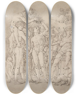 Triptych art skateboard deck of Andrea Mantegna Bacchanal With A Wine Vat_1 by Andrea Mantegna (1431-1506)