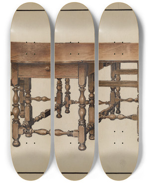 Triptych art skateboard deck of Fletcher Hanks Gateleg Table by Fletcher Hanks