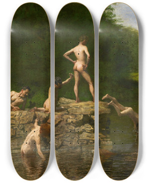 Triptych art skateboard deck of Thomas Eakins Swimming by Thomas Eakins (1844-1916)