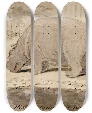 Triptych art skateboard deck of Pieter Van Loon Het Nijlpaard In De Engelse Dierentuin_4 by Pieter Van Loon (1801-1873)