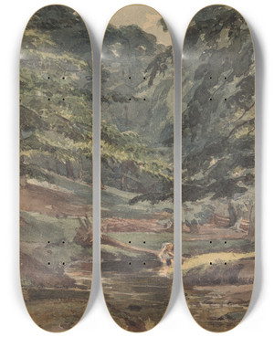 Triptych art skateboard deck of Thomas Sully Wooded River Scene by Thomas Sully (1783-1872)