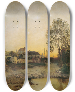 Triptych art skateboard deck of Robert Russ Landschaft Mit Weiher Und Gehften by Robert Russ (1847-1922)