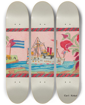 Triptych art skateboard deck of Carl Keksi Hooked Rug by Carl Keksi