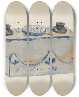 Triptych art skateboard deck of John Jordan Pottery Ink Stand by John Jordan