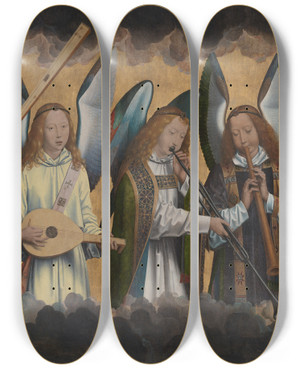 Triptych art skateboard deck of Hans Memling Musicmaking Angels_2 by Hans Memling (1430-1494)