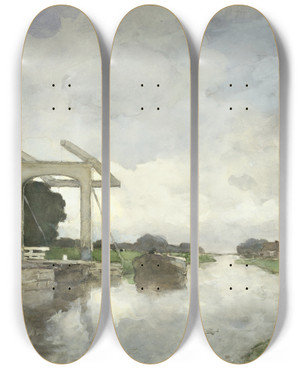 Triptych art skateboard deck of Johan Hendrik Weissenbruch Drawbridge At Noorden by Johan Hendrik Weissenbruch (1824-1903)