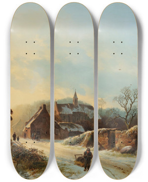 Triptych art skateboard deck of Barend Cornelis Koekkoek A Winters Day by Barend Cornelis Koekkoek (1803-1862)