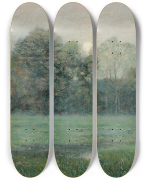 Triptych art skateboard deck of Dwight W Tryon Midsummer Moonrise by Dwight W. Tryon (1849-1925)