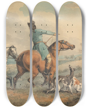 Triptych art skateboard deck of Samuel Howitt Coursing Setting Out by Samuel Howitt (1756-1822)