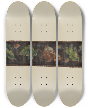 Triptych art skateboard deck of Edmond Lorts Needlepoint Bell Pull by Edmond Lorts