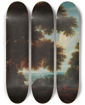 Triptych art skateboard deck of Jacques Darthois Forest Landscape With Figures by Jacques d'Arthois (1613-1686)