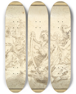 Triptych art skateboard deck of Matthys Van Den Bergh King David Playing The Harp Accompanied By Singingangels by Matthys van den Bergh (1617-1687)