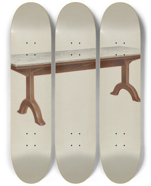 Triptych art skateboard deck of John W Kelleher Shaker Dining Table Marble Top by John W Kelleher