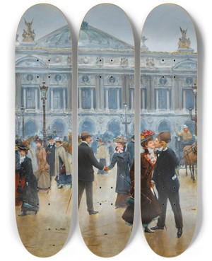 Triptych art skateboard deck of Jean Braud Larrive Des Midinettes by Jean Beraud (1849-1935)