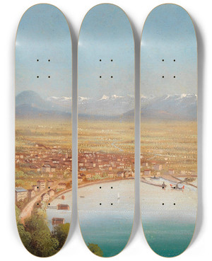 Triptych art skateboard deck of Hubert Sattler Blick Auf Bregenz by Hubert Sattler (1817-1904)