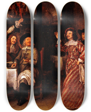 Triptych art skateboard deck of Gonzales Coques Repas Dartistes by Gonzales Coques (1614-1684)