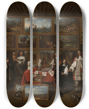 Triptych art skateboard deck of Gillis Van Tilborgh A Picture Gallery by Gillis Van Tilborgh (1625-1678)