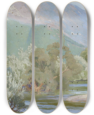 Triptych art skateboard deck of Edward Oku Aniene River by Edward Okun (1872-1945)