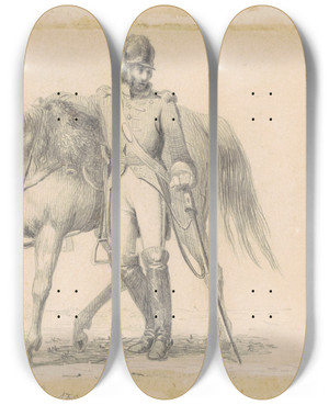 Triptych art skateboard deck of William Tylee Ranney Dragoon With His Charger by William Tylee Ranney (1813-1857)