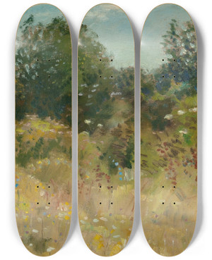 Triptych art skateboard deck of Edward Emerson Simmons Our Back Yard When I Was Young by Edward Emerson Simmons (1852-1931)
