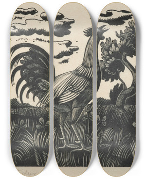 Triptych art skateboard deck of Eric Ravilious Chanticleer by Eric Ravilious (1903-1942)