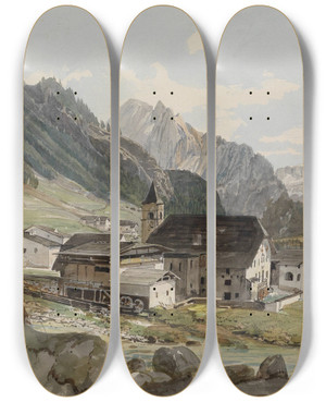 Triptych art skateboard deck of Thomas Ender Bergdorf Mit Einer Kleinindustrieanlage by Thomas Ender (1793-1875)
