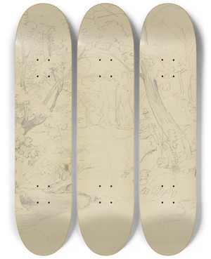 Triptych art skateboard deck of Jakob Becker Forest Path_1 by Jakob Becker (1810-1872)