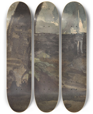 Triptych art skateboard deck of Thomas Sully Rocky Landscape Large Tree Trunk In Foreground by Thomas Sully (1783-1872)