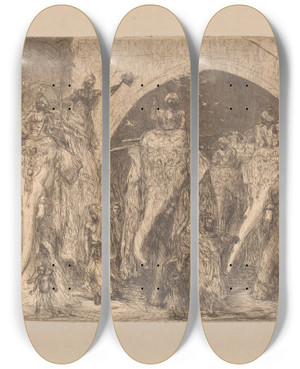 Triptych art skateboard deck of Marius Bauer Optocht Met Olifanten by Marius Bauer (1867-1932)