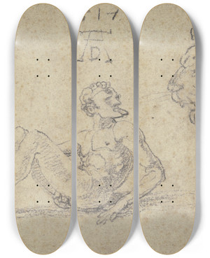 Triptych art skateboard deck of Albrecht Drer Sitzender Nackter Mann Mit Einem Lwen by Albrecht Durer (1471-1528)