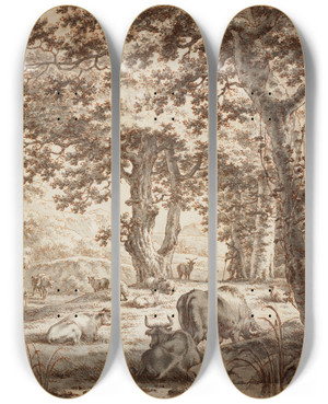 Triptych art skateboard deck of Jacob Cats Landscape With Cows Under A Tree by Jacob Cats (1741-1799)