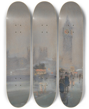 Triptych art skateboard deck of Childe Hassam Big Ben by Childe Hassam (1859-1935)