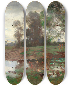 Triptych art skateboard deck of Adolf Lins Enten Am Weiher by Adolf Lins (1856-1927)