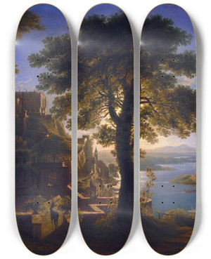 Triptych art skateboard deck of Karl Friedrich Schinkel Castle By The River by Karl Friedrich Schinkel (1781-1841)
