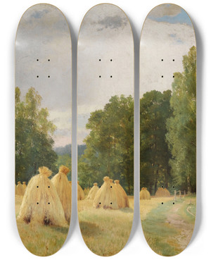 Triptych art skateboard deck of Ivan Ivanovich Shishkin Haystacks Preobrazhenskoe by Ivan Ivanovich Shishkin (1832-1898)