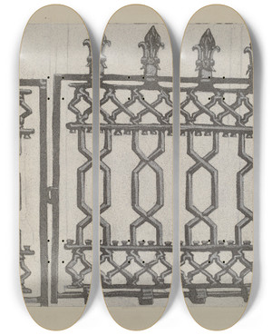 Triptych art skateboard deck of Arelia Arbo Cast Iron Rail And Gate by Arelia Arbo