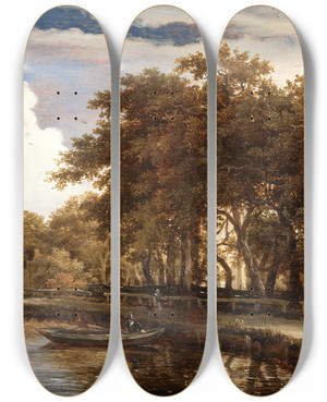 Triptych art skateboard deck of Meindert Hobbema View Along The Amstel by Meindert Hobbema (1638-1709)